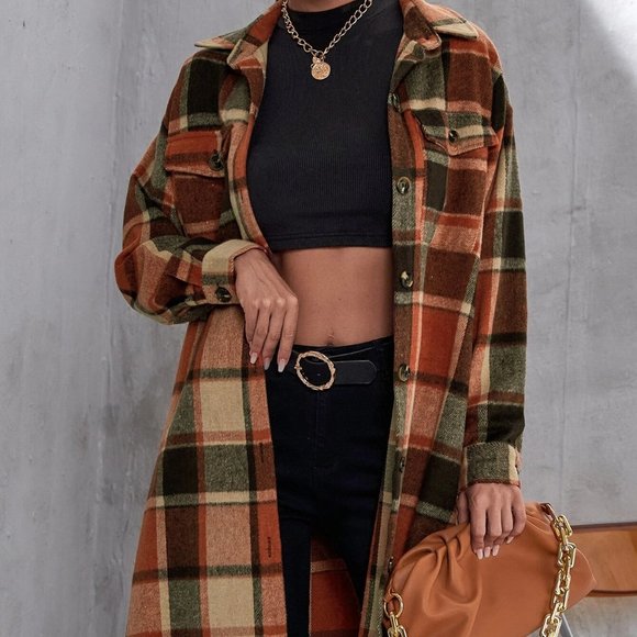 Casual Plaid Print Flap Pocket button down Duster Jacker Coat - Picture 3 of 7